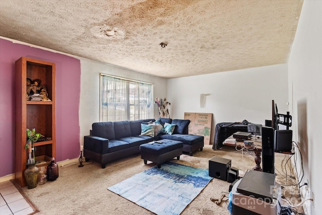 tiled living room featuring a textured ceiling