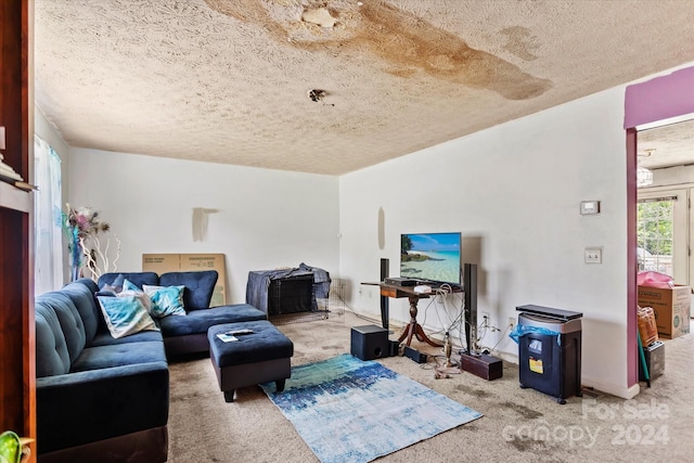 carpeted living room featuring a textured ceiling