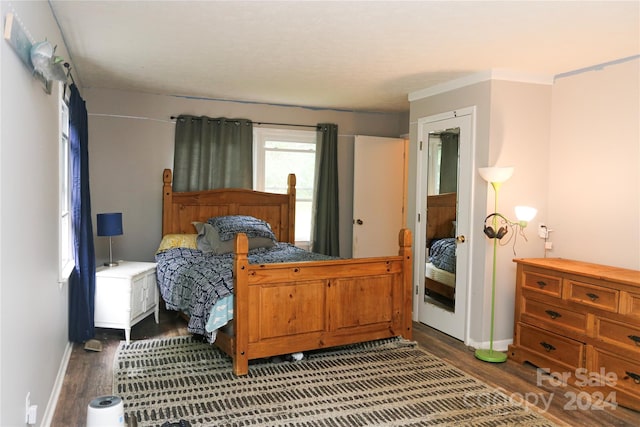 bedroom with dark hardwood / wood-style floors