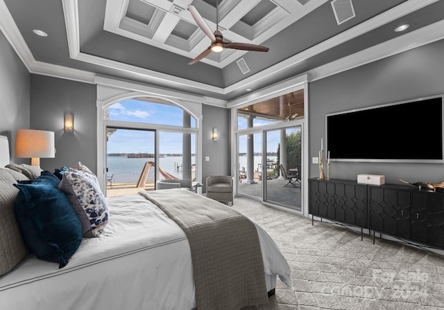 bedroom featuring coffered ceiling, ceiling fan, access to exterior, ornamental molding, and light colored carpet