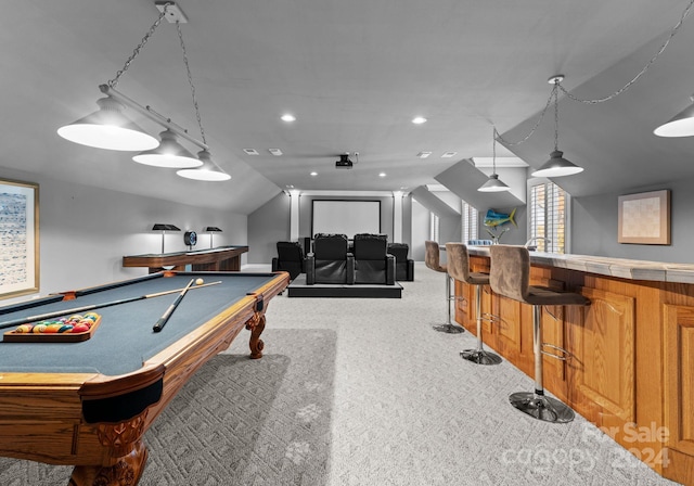 game room featuring carpet floors, indoor bar, vaulted ceiling, and pool table