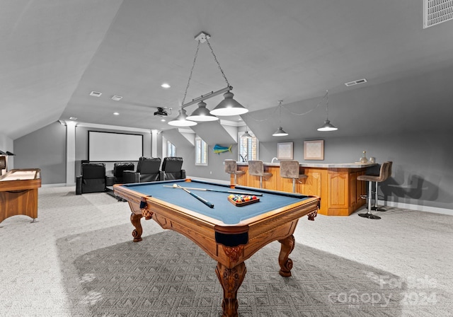 recreation room with bar, light colored carpet, billiards, and vaulted ceiling