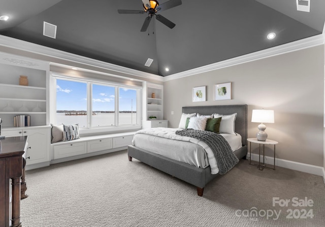 carpeted bedroom featuring ceiling fan, high vaulted ceiling, and ornamental molding