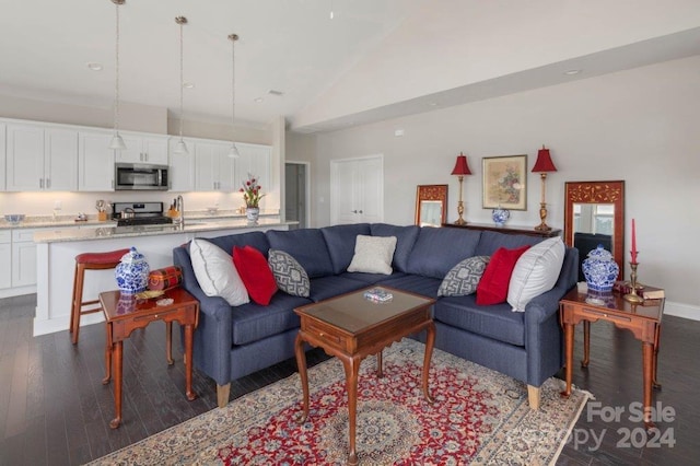 living room featuring dark hardwood / wood-style flooring and high vaulted ceiling