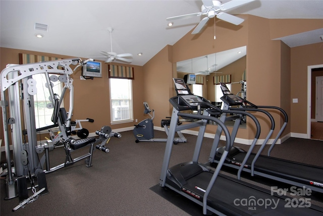 gym with visible vents, a ceiling fan, recessed lighting, baseboards, and vaulted ceiling