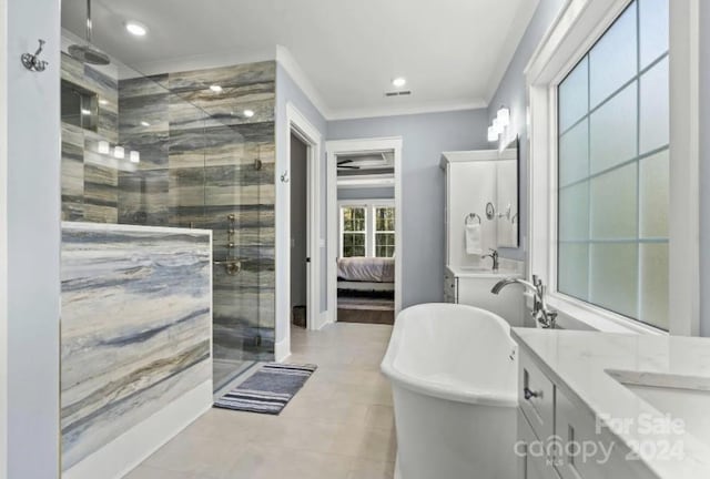 bathroom with independent shower and bath, crown molding, and vanity