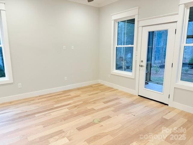 spare room with light wood-type flooring and ceiling fan