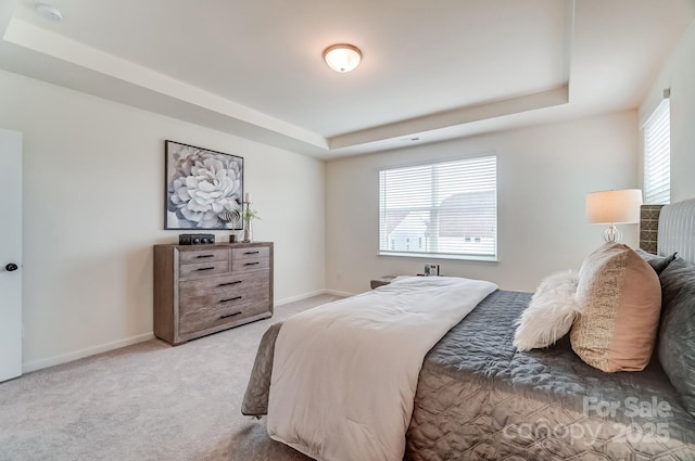 bedroom with light colored carpet, a raised ceiling, and multiple windows