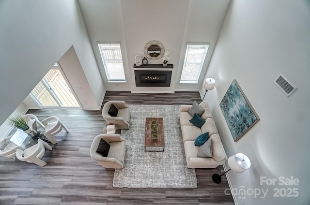 living room featuring hardwood / wood-style flooring and a high ceiling