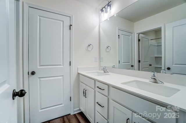 bathroom featuring vanity and hardwood / wood-style floors