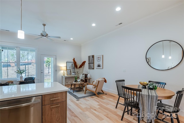 167 Collin Pl Unit 21, Asheville, NC 28804 - kitchen with ornamental molding, visible vents, dishwasher, a ceiling fan, and light wood-style floors