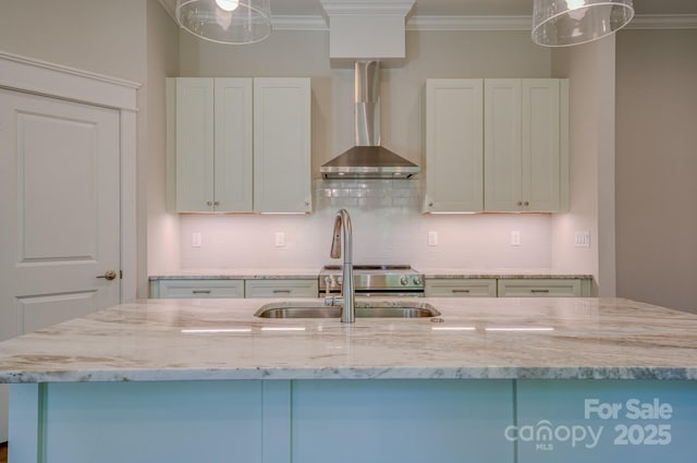 167 Collin Pl Unit 21, Asheville, NC 28804 - kitchen with wall chimney exhaust hood, light stone counters, tasteful backsplash, and ornamental molding