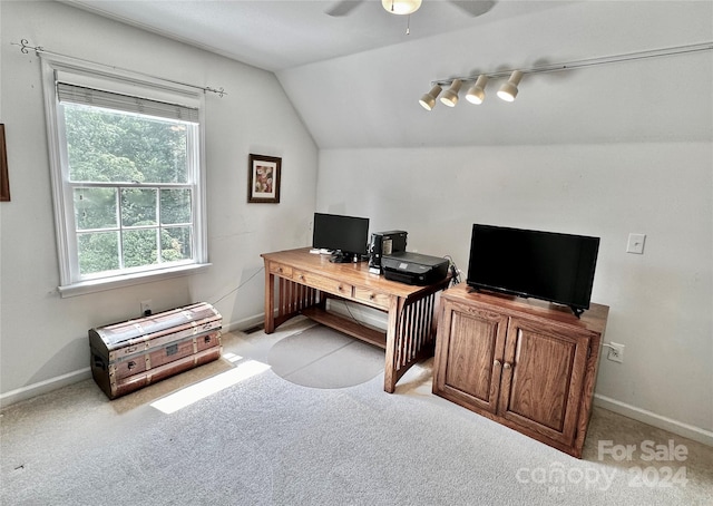 office with ceiling fan, light colored carpet, and lofted ceiling