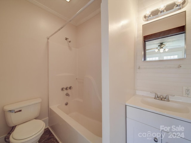 full bathroom with shower / tub combination, ornamental molding, vanity, and toilet