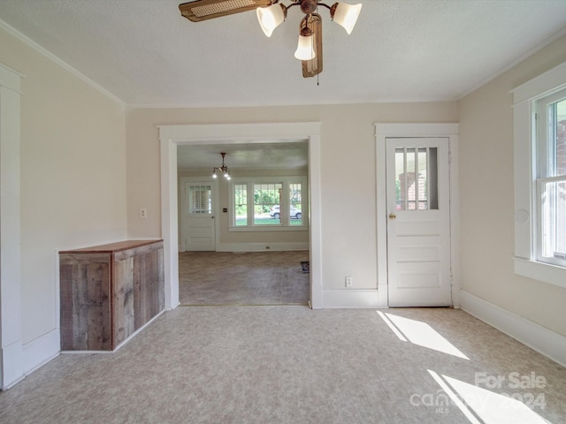 carpeted entryway with ceiling fan, crown molding, and a textured ceiling