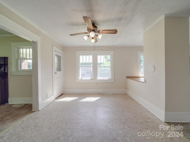 empty room featuring crown molding, a textured ceiling, and a wealth of natural light