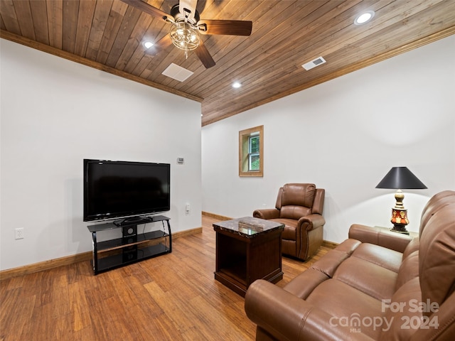 living room with wooden ceiling, crown molding, light hardwood / wood-style flooring, and ceiling fan