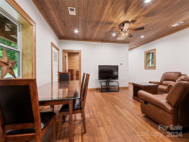 dining space featuring wooden ceiling, ornamental molding, light hardwood / wood-style floors, and ceiling fan