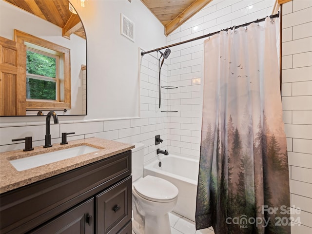 full bathroom featuring lofted ceiling, vanity, toilet, and wooden ceiling