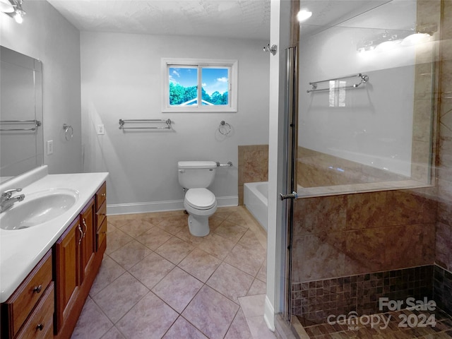 full bathroom with tile patterned flooring, a textured ceiling, toilet, vanity, and independent shower and bath