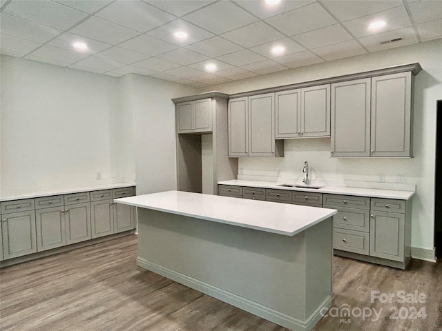 kitchen featuring wood finished floors, light countertops, a sink, and gray cabinetry