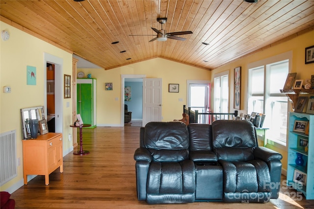 living room featuring wood finished floors, wood ceiling, visible vents, vaulted ceiling, and a ceiling fan