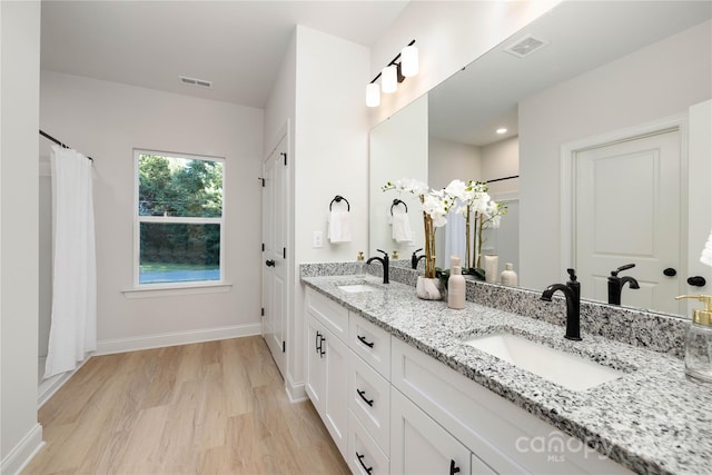 bathroom with wood-type flooring and vanity