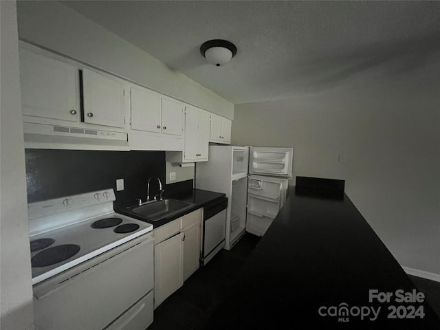 kitchen with dishwasher, sink, white electric range oven, white cabinetry, and a textured ceiling