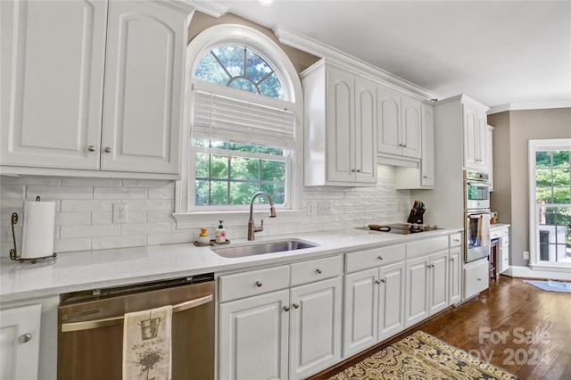 kitchen with light stone countertops, appliances with stainless steel finishes, white cabinetry, a healthy amount of sunlight, and sink