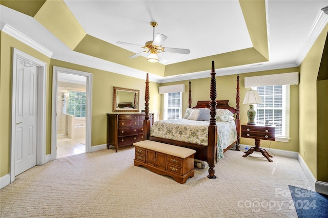 bedroom with ceiling fan, multiple windows, a tray ceiling, and light carpet