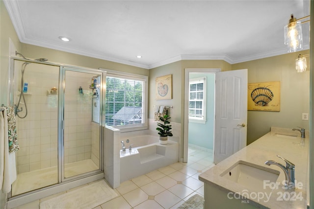 bathroom with vanity, shower with separate bathtub, ornamental molding, and tile patterned flooring