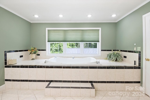 bathroom with tile patterned floors, tiled bath, and crown molding