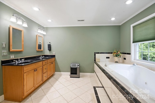 bathroom with vanity, tile patterned floors, crown molding, and tiled tub