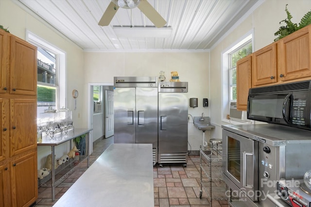 kitchen featuring ceiling fan, wooden ceiling, stainless steel built in refrigerator, stainless steel fridge, and ornamental molding