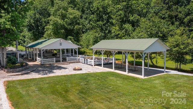 surrounding community featuring a fire pit and a yard