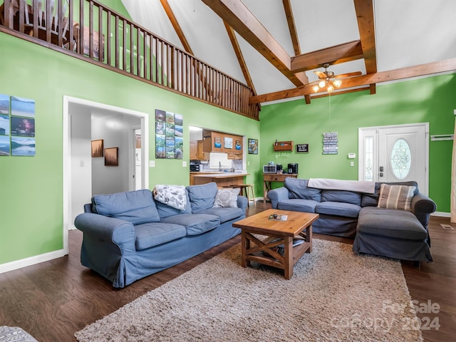 living room featuring high vaulted ceiling, beam ceiling, ceiling fan, and dark hardwood / wood-style floors