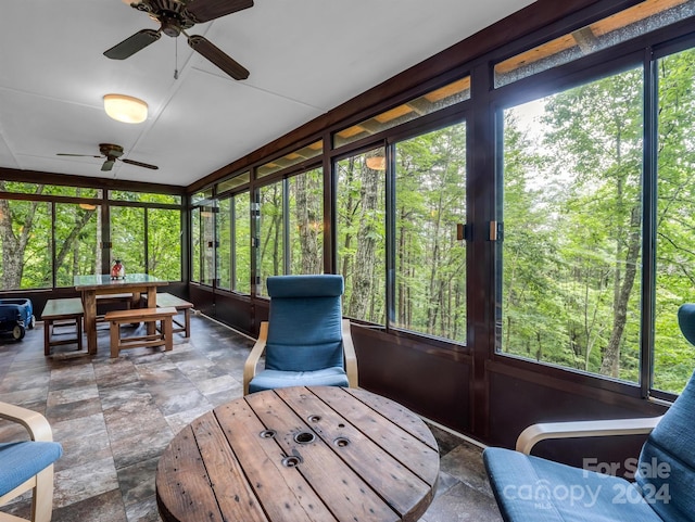 sunroom featuring ceiling fan