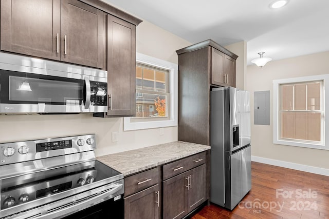 kitchen featuring dark brown cabinetry, electric panel, stainless steel appliances, and dark wood-type flooring