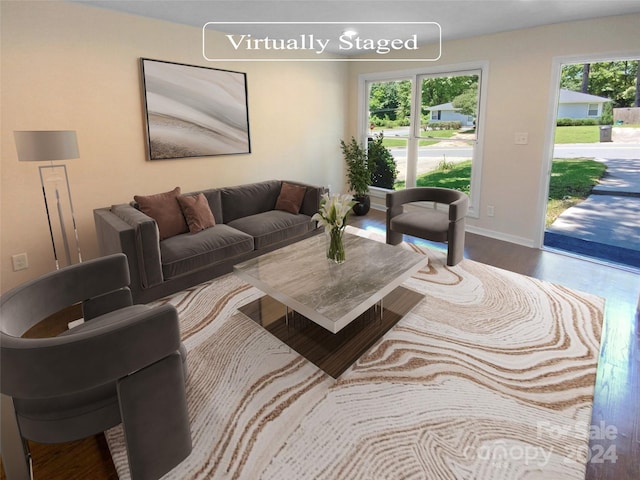 living room featuring wood-type flooring and plenty of natural light