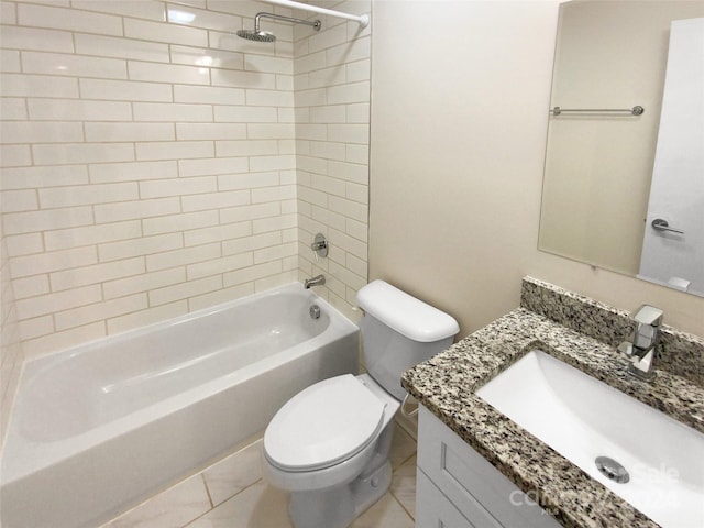 full bathroom featuring toilet, tiled shower / bath combo, tile patterned floors, and vanity