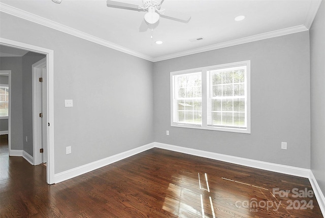 unfurnished room featuring crown molding, ceiling fan, and dark wood-type flooring