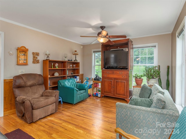 living room featuring light hardwood / wood-style floors, ornamental molding, and ceiling fan