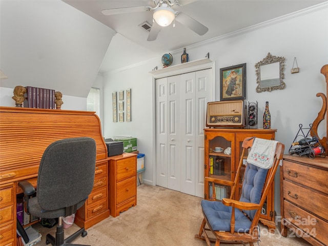 office area featuring ceiling fan, light colored carpet, ornamental molding, and lofted ceiling