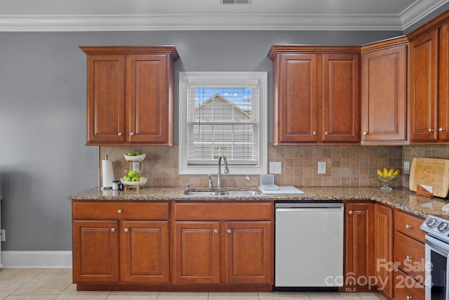 kitchen featuring light stone countertops, white range with electric stovetop, crown molding, sink, and light tile patterned floors