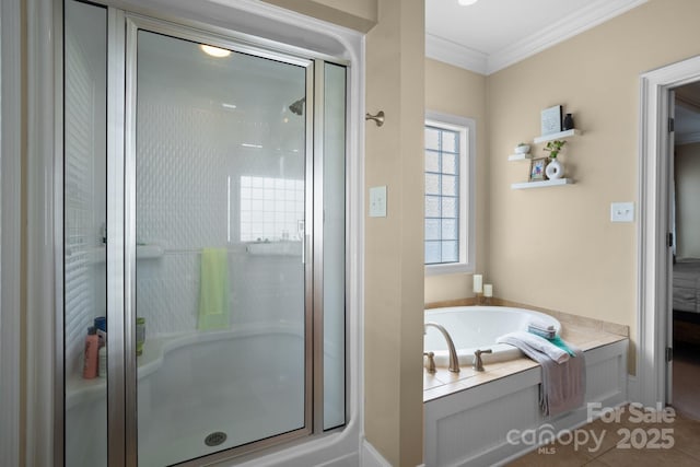 104 Castle Pines Ln, Statesville, NC 28625 - full bath featuring a stall shower, a garden tub, ornamental molding, and tile patterned flooring