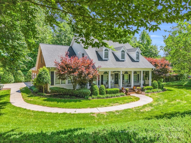 cape cod home featuring covered porch and a front lawn