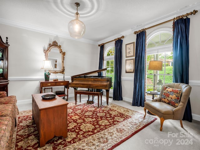 sitting room featuring a healthy amount of sunlight and crown molding