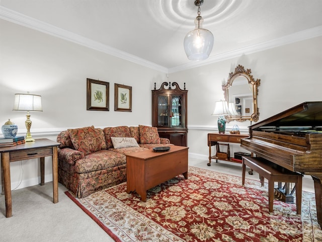 carpeted living room with crown molding