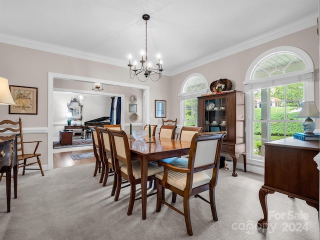 carpeted dining room with plenty of natural light, an inviting chandelier, and ornamental molding