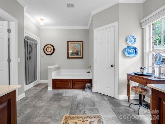 bathroom featuring vanity, crown molding, and separate shower and tub